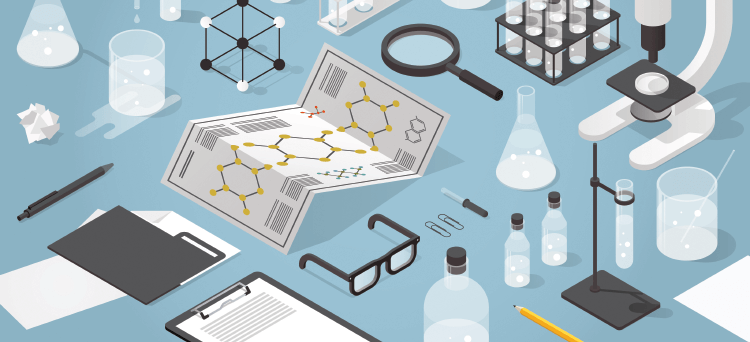 Infographie représentant divers objets de chimie